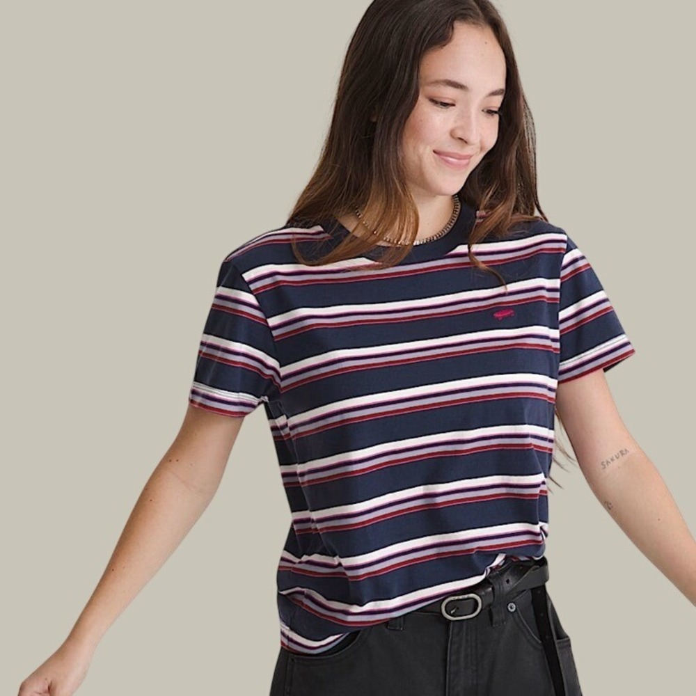 Vans Salton Stripe Navy Blue Multi Striped Cotton Tee Women's Size L NEW